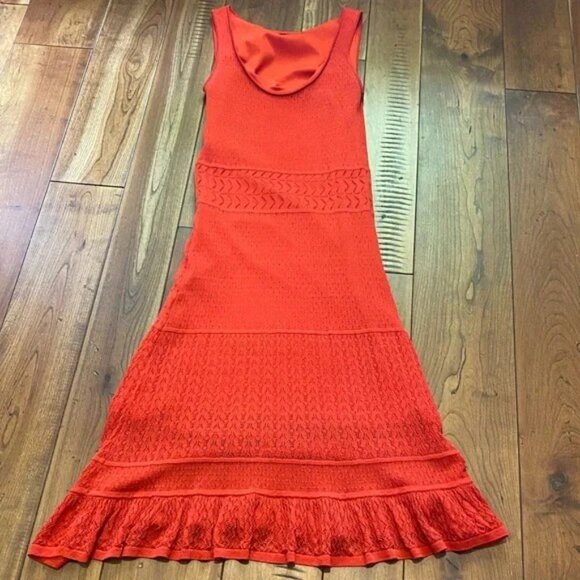 Elle Red/Orange Stretch Knit Lace Tank Dress with Ruffle Hemline Size S - Picture 2 of 9
